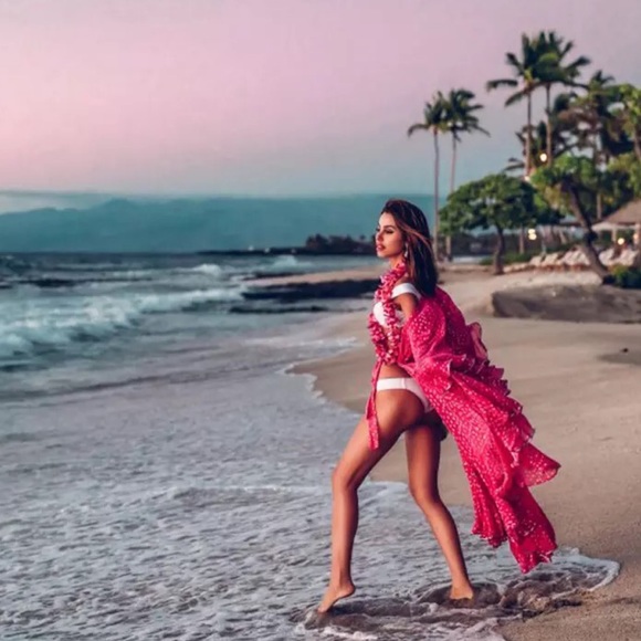 Romantic Pink Chiffon Kimono Duster Beach Coverup - Picture 3 of 16